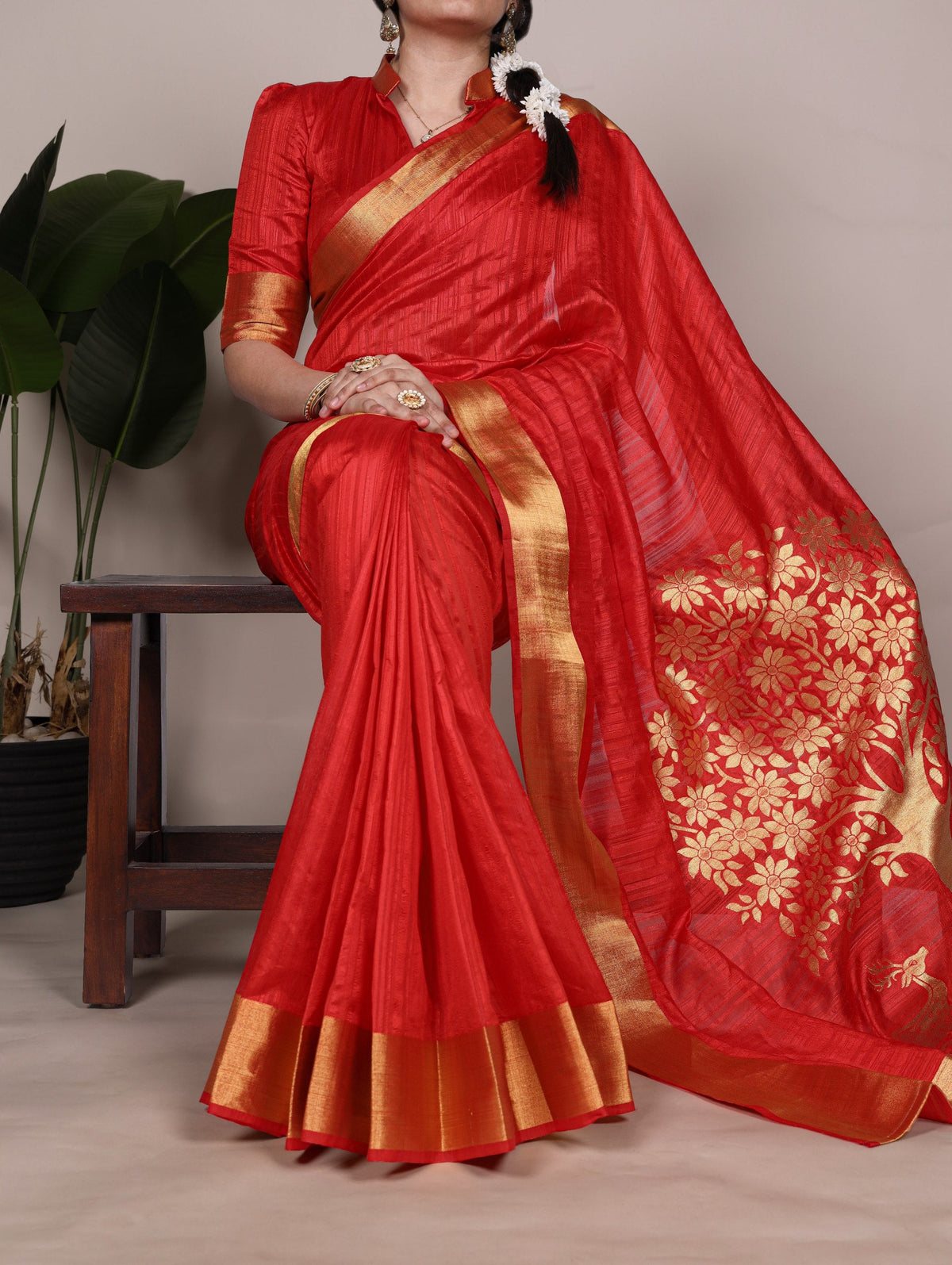 Red Elegant Raw Silk Saree with Zari Weaving Work ClothsVilla Main image