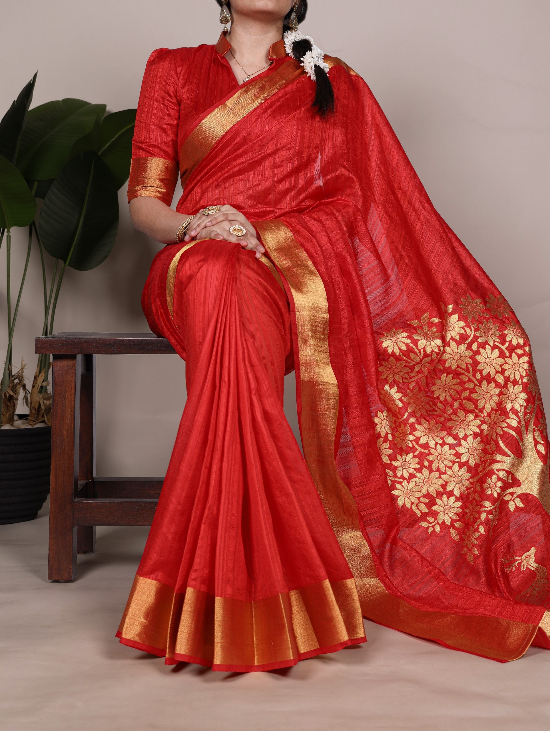Red Elegant Raw Silk Saree with Zari Weaving Work ClothsVilla Main image