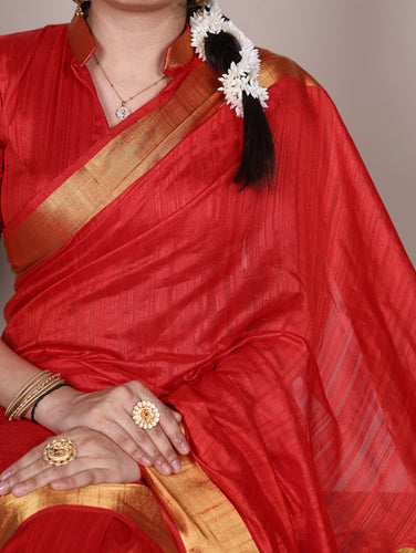 Red Elegant Raw Silk Saree with Zari Weaving Work ClothsVilla
