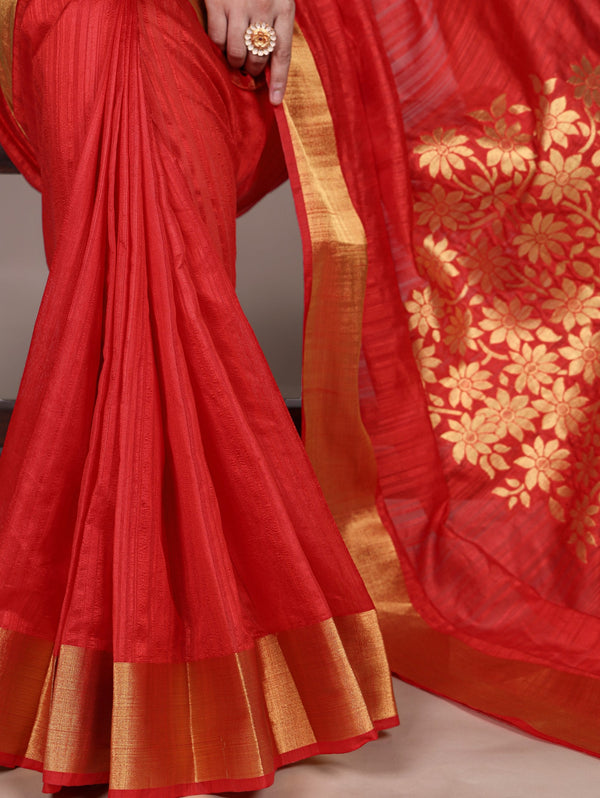 Red Elegant Raw Silk Saree with Zari Weaving Work ClothsVilla