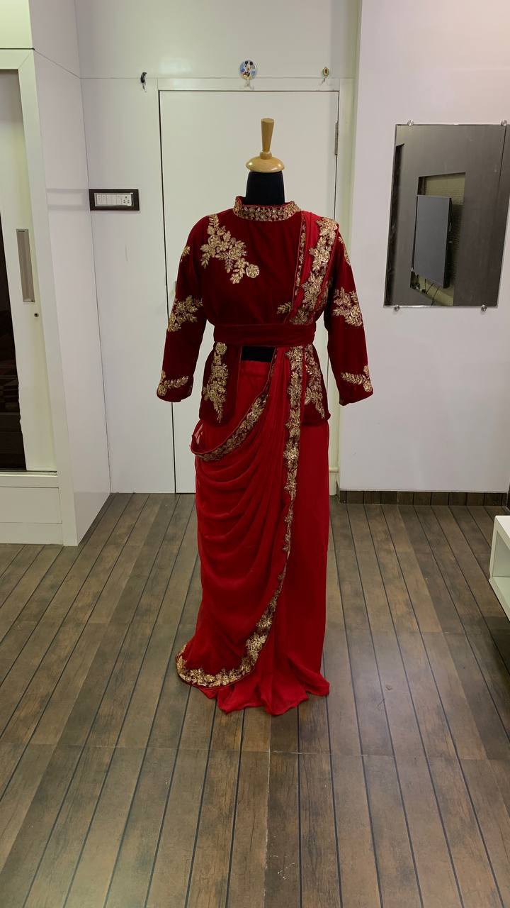 Red Elegant Ready-to-Wear Georgette Saree with Velvet Blouse - Sequins, Dori & Zari Work  Product Description: ClothsVilla Main image