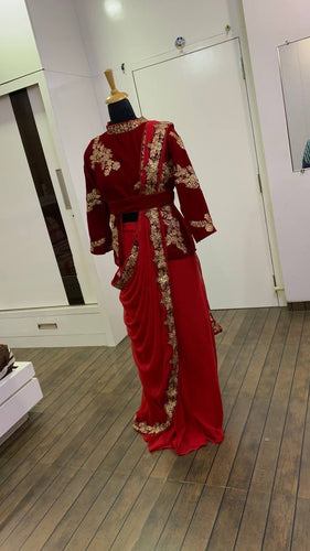 Red Elegant Ready-to-Wear Georgette Saree with Velvet Blouse - Sequins, Dori & Zari Work  Product Description: ClothsVilla