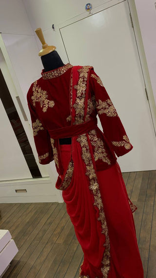Red Elegant Ready-to-Wear Georgette Saree with Velvet Blouse - Sequins, Dori & Zari Work  Product Description: ClothsVilla