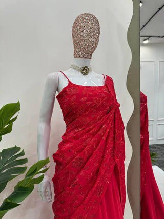 Red Elegant Ready-to-Wear Lehenga Saree – Faux Georgette with Thread & Sequin Work ClothsVilla