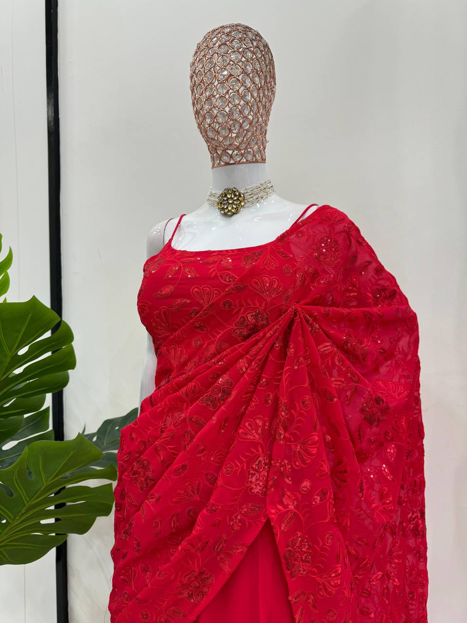 Red Elegant Ready-to-Wear Lehenga Saree – Faux Georgette with Thread & Sequin Work ClothsVilla