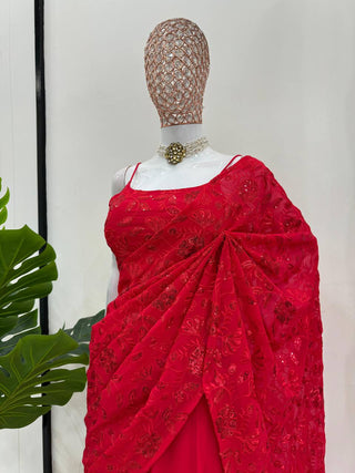Red Elegant Ready-to-Wear Lehenga Saree – Faux Georgette with Thread & Sequin Work ClothsVilla