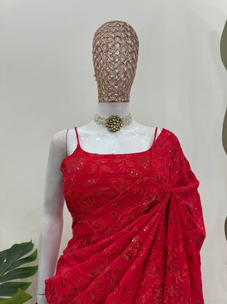 Red Elegant Ready-to-Wear Lehenga Saree – Faux Georgette with Thread & Sequin Work ClothsVilla