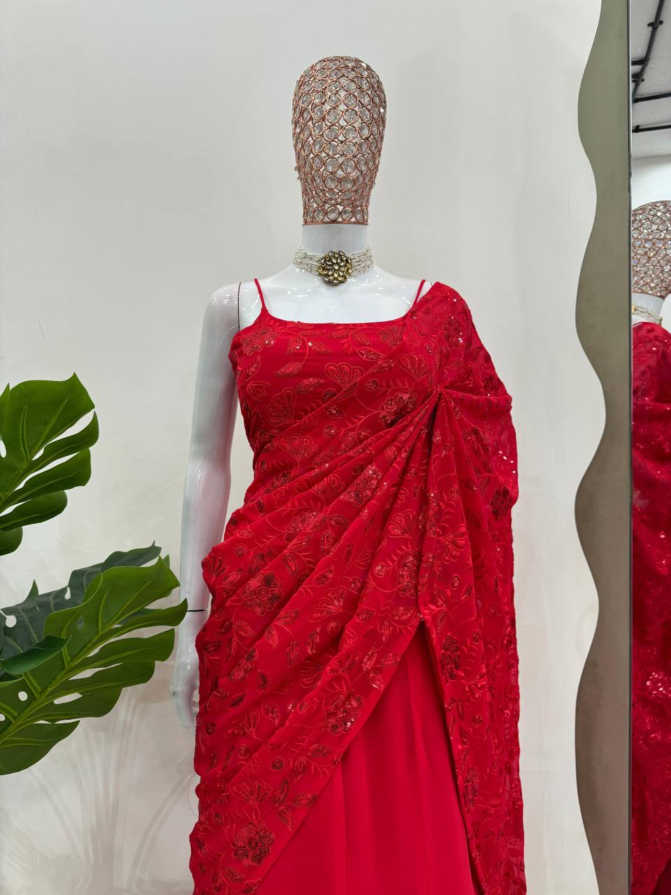 Red Elegant Ready-to-Wear Lehenga Saree – Faux Georgette with Thread & Sequin Work ClothsVilla