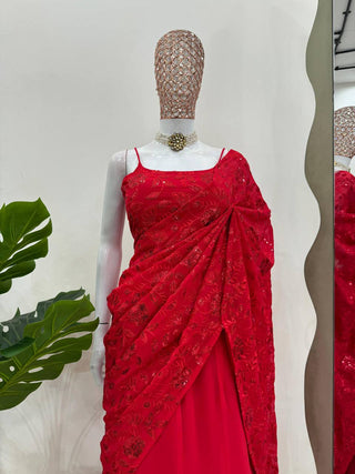 Red Elegant Ready-to-Wear Lehenga Saree – Faux Georgette with Thread & Sequin Work ClothsVilla