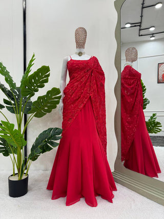 Red Elegant Ready-to-Wear Lehenga Saree – Faux Georgette with Thread & Sequin Work ClothsVilla