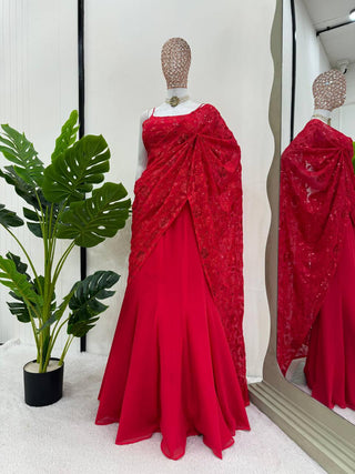 Red Elegant Ready-to-Wear Lehenga Saree – Faux Georgette with Thread & Sequin Work ClothsVilla