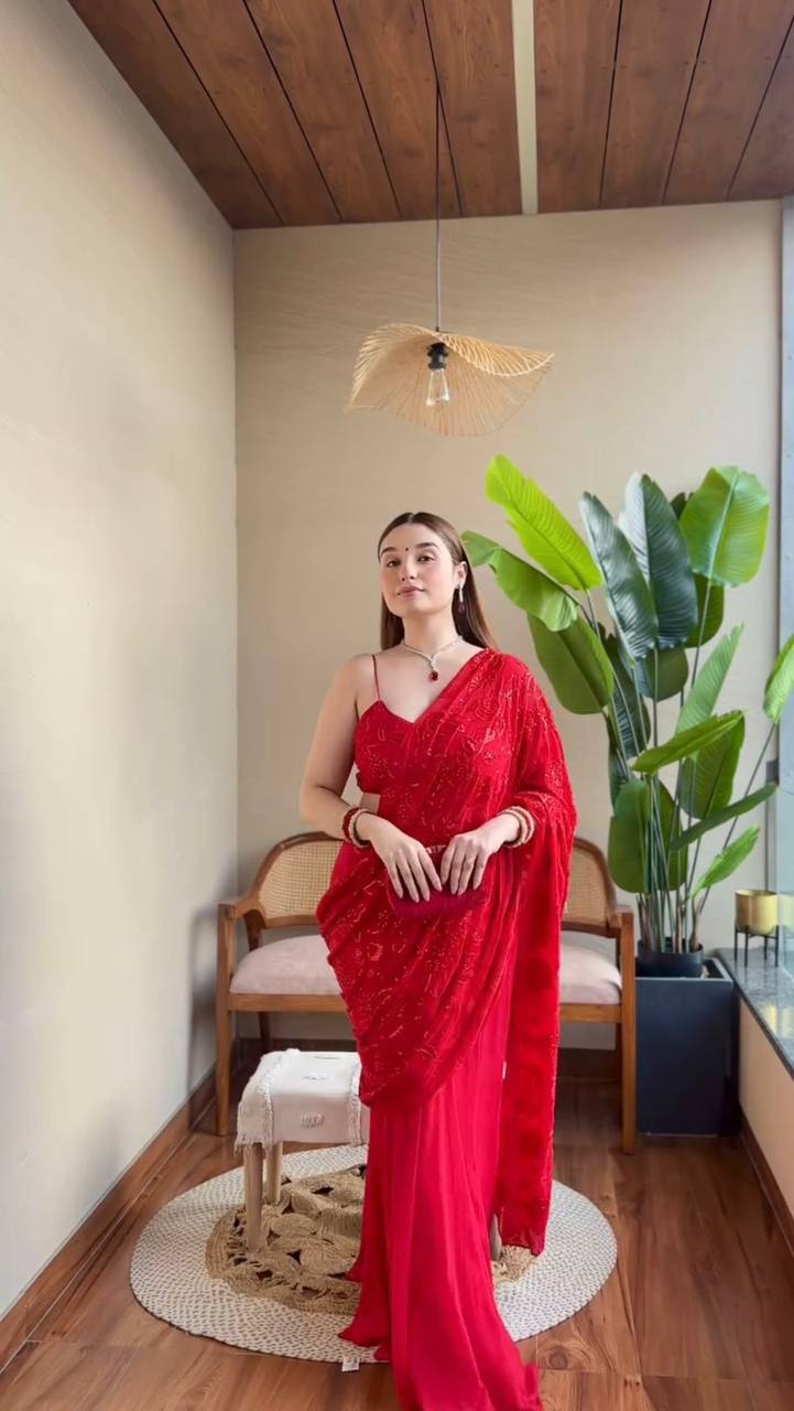 Red Elegant Ready-to-Wear Lehenga Saree – Faux Georgette with Thread & Sequin Work ClothsVilla