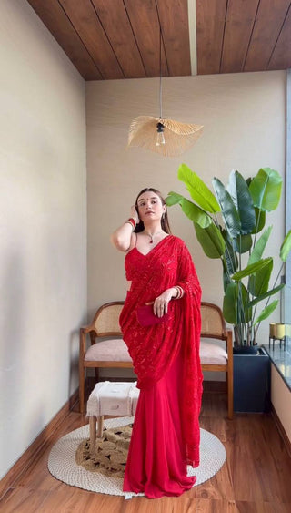 Red Elegant Ready-to-Wear Lehenga Saree – Faux Georgette with Thread & Sequin Work ClothsVilla