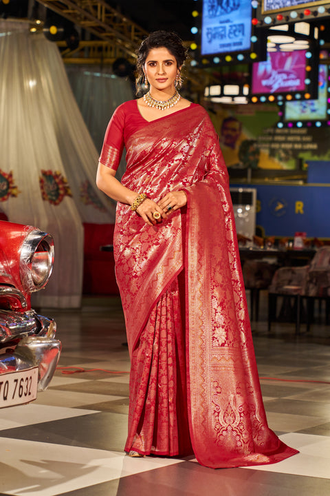 Red Elegant Silk Patola Printed Saree with Unstitched Blouse Piece ClothsVilla Main image