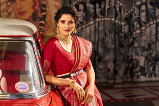 Red Elegant Silk Patola Printed Saree with Unstitched Blouse Piece ClothsVilla