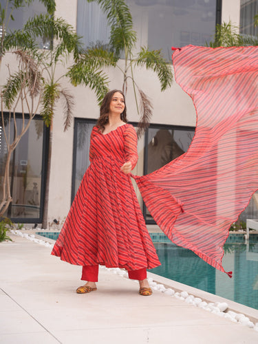 Red Elegant Tabby Organza Top with Laheriya Print, Crape Bottom & Matching Dupatta ClothsVilla