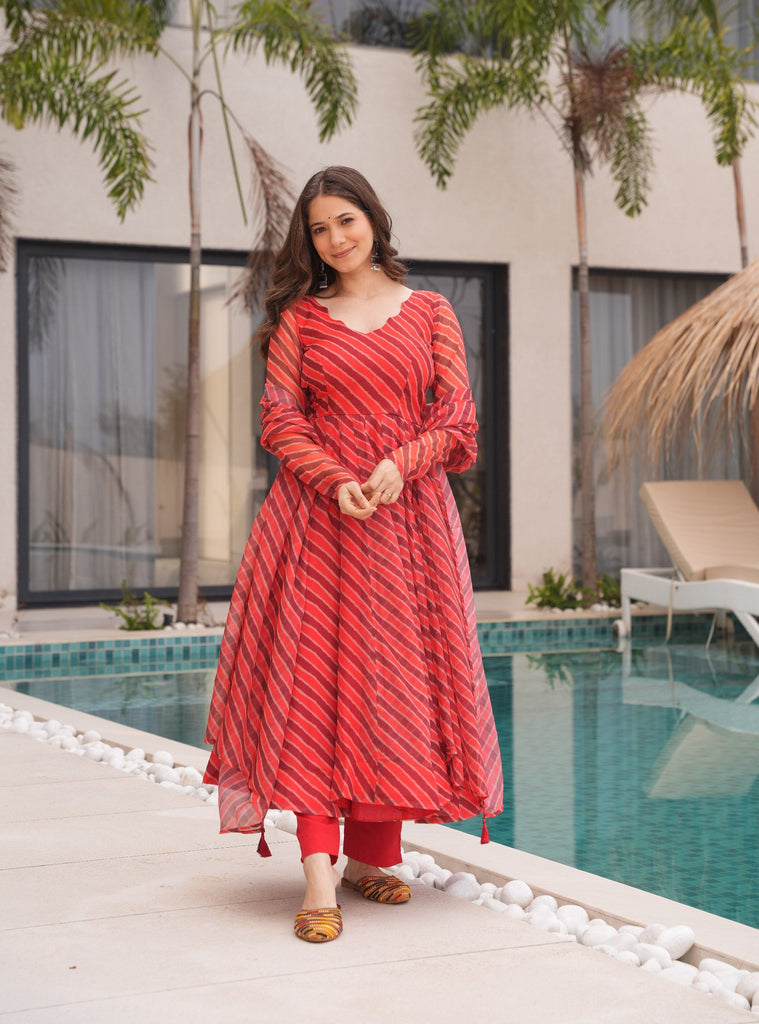 Red Elegant Tabby Organza Top with Laheriya Print, Crape Bottom & Matching Dupatta ClothsVilla