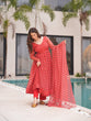 Load image into Gallery viewer, Red Elegant Tabby Organza Top with Laheriya Print, Crape Bottom &amp; Matching Dupatta ClothsVilla