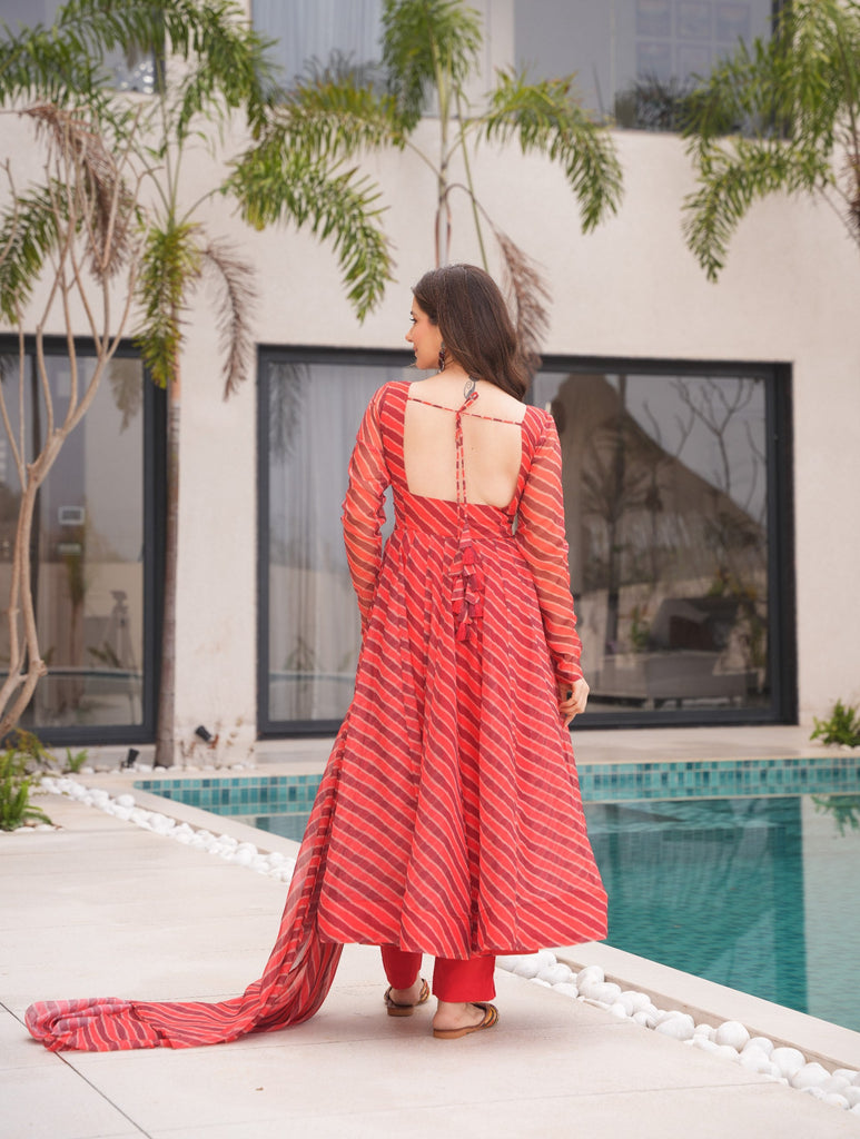 Red Elegant Tabby Organza Top with Laheriya Print, Crape Bottom & Matching Dupatta ClothsVilla