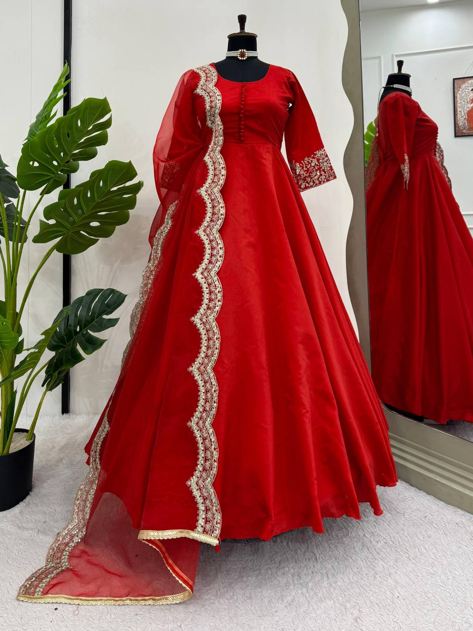 Red Elegant Tapeta Silk Gown with Embroidered Butterfly Net Dupatta ClothsVilla