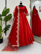 Load image into Gallery viewer, Red Elegant Tapeta Silk Gown with Embroidered Butterfly Net Dupatta ClothsVilla