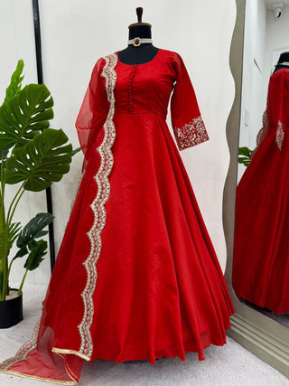 Red Elegant Tapeta Silk Gown with Embroidered Butterfly Net Dupatta ClothsVilla