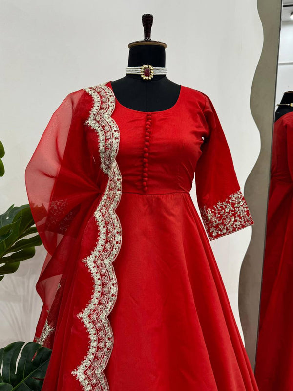 Red Elegant Tapeta Silk Gown with Embroidered Butterfly Net Dupatta ClothsVilla