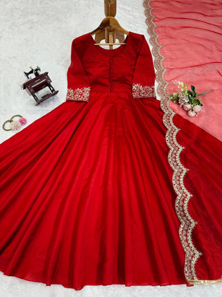 Red Elegant Tapeta Silk Gown with Embroidered Butterfly Net Dupatta ClothsVilla