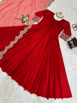 Red Elegant Tapeta Silk Gown with Embroidered Butterfly Net Dupatta ClothsVilla