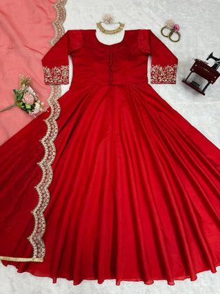 Red Elegant Tapeta Silk Gown with Embroidered Butterfly Net Dupatta ClothsVilla