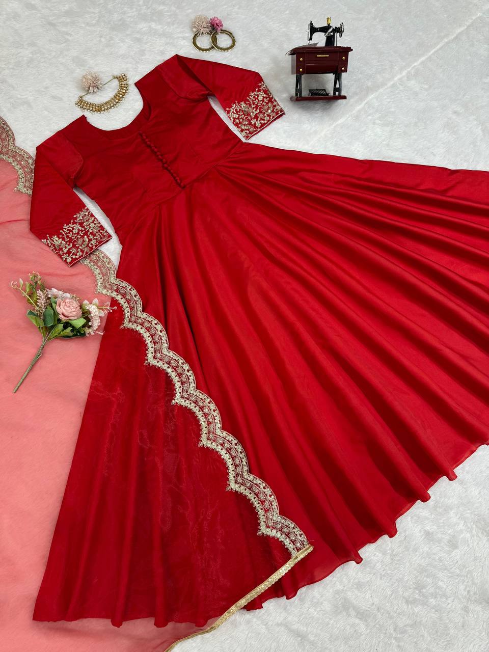 Red Elegant Tapeta Silk Gown with Embroidered Butterfly Net Dupatta ClothsVilla
