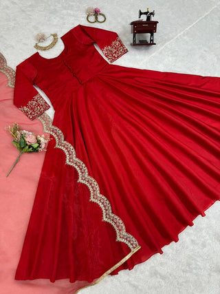 Red Elegant Tapeta Silk Gown with Embroidered Butterfly Net Dupatta ClothsVilla