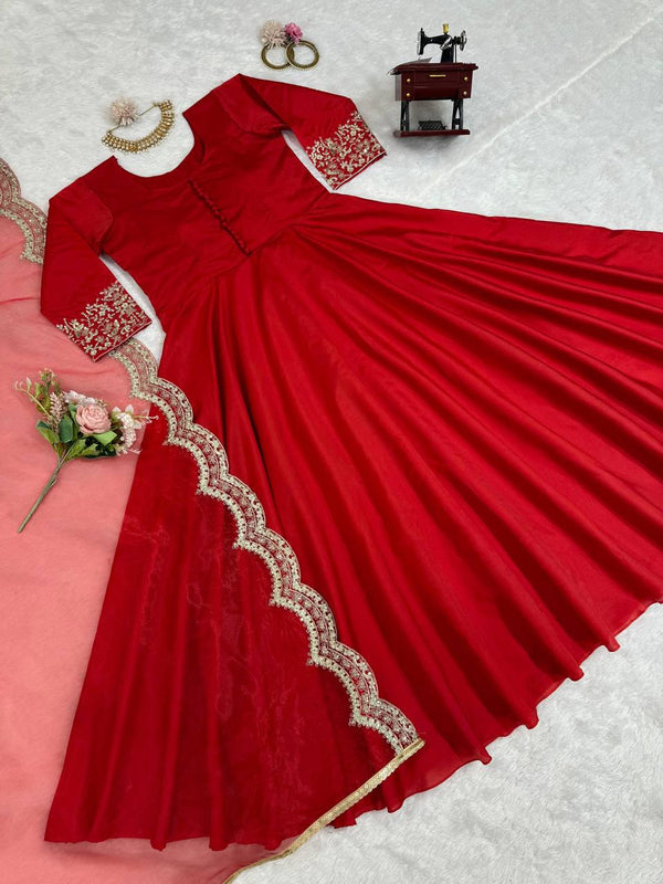 Red Elegant Tapeta Silk Gown with Embroidered Butterfly Net Dupatta ClothsVilla
