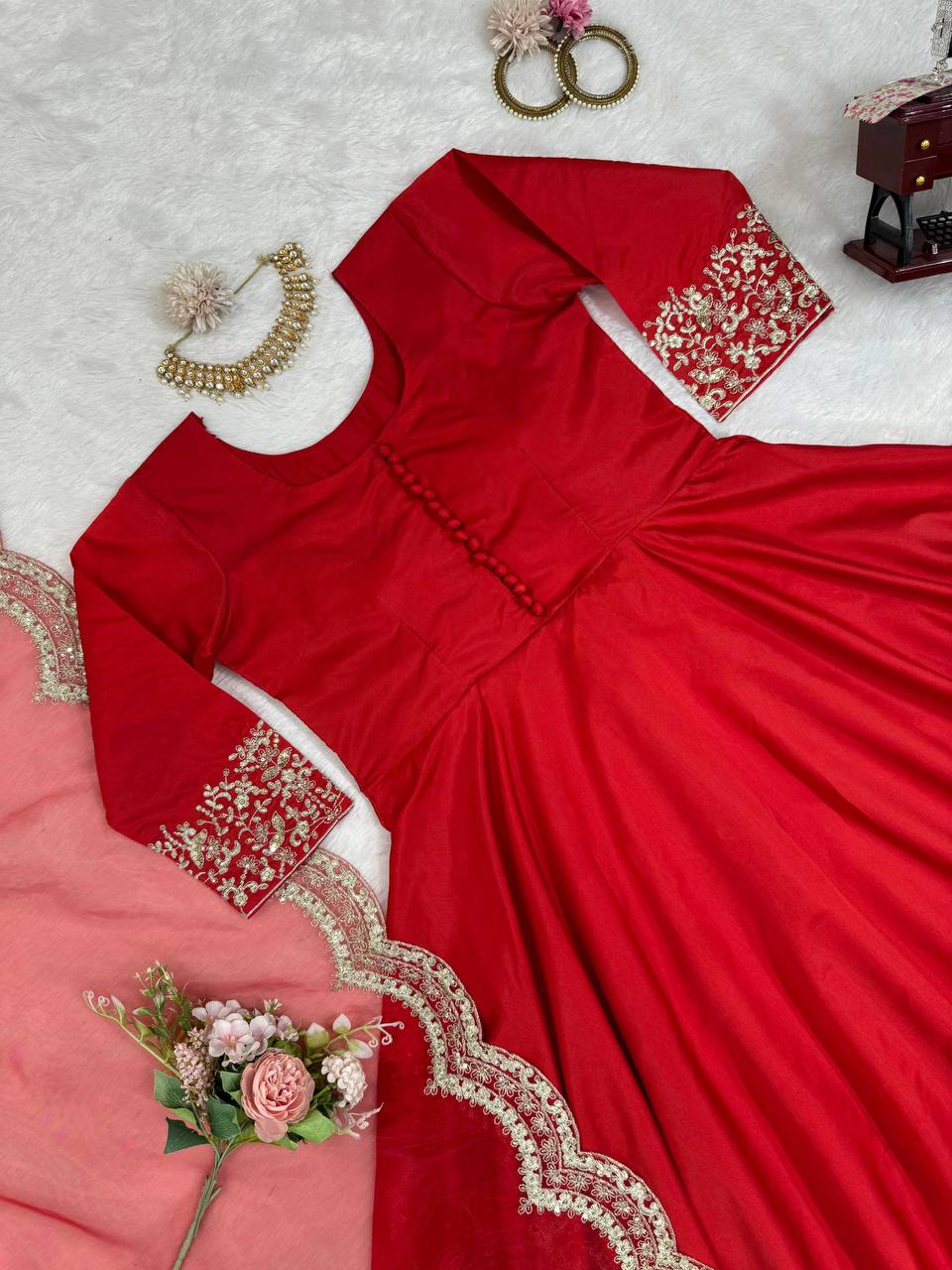 Red Elegant Tapeta Silk Gown with Embroidered Butterfly Net Dupatta ClothsVilla