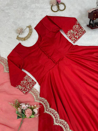 Red Elegant Tapeta Silk Gown with Embroidered Butterfly Net Dupatta ClothsVilla