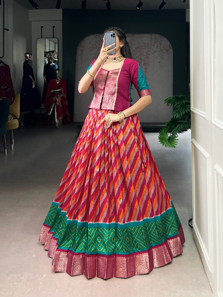 Red Elegant Tasar Silk Lehenga with Leheriya Print & Zari Work – Stitched Lehenga with Vichitra Silk Blouse ClothsVilla
