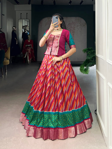 Red Elegant Tasar Silk Lehenga with Leheriya Print & Zari Work – Stitched Lehenga with Vichitra Silk Blouse ClothsVilla