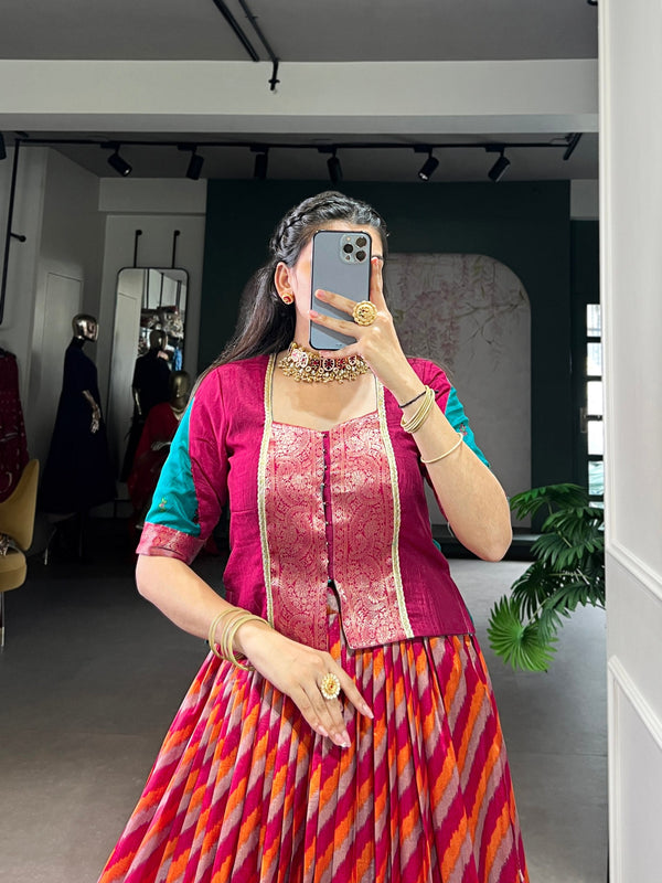 Red Elegant Tasar Silk Lehenga with Leheriya Print & Zari Work – Stitched Lehenga with Vichitra Silk Blouse ClothsVilla