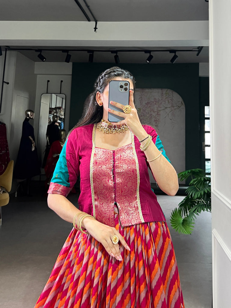 Red Elegant Tasar Silk Lehenga with Leheriya Print & Zari Work – Stitched Lehenga with Vichitra Silk Blouse ClothsVilla