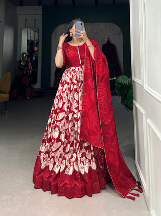 Red Elegant Tussar Silk Ready-to-Wear Gown with Dupatta