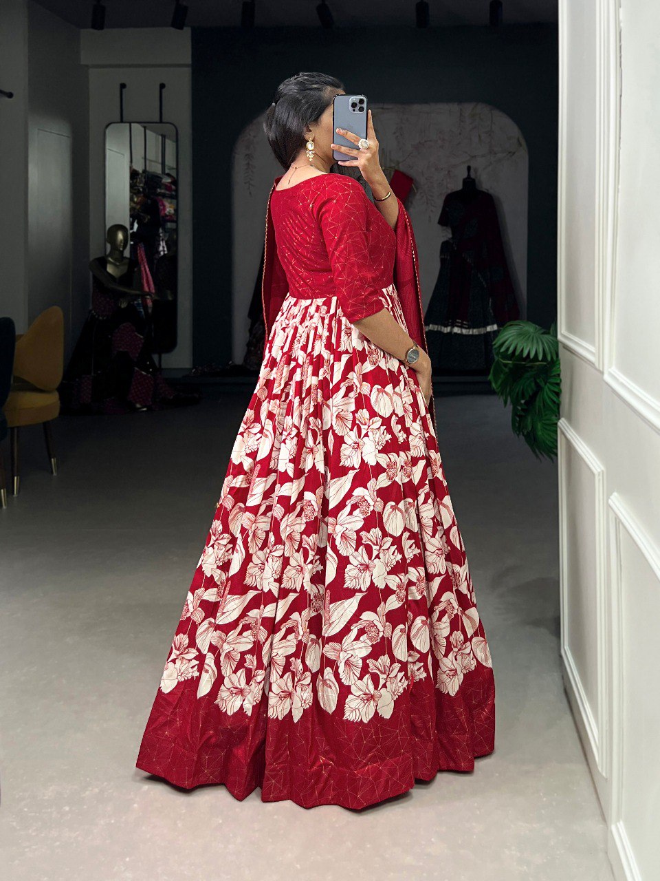 Red Elegant Tussar Silk Ready-to-Wear Gown with Dupatta