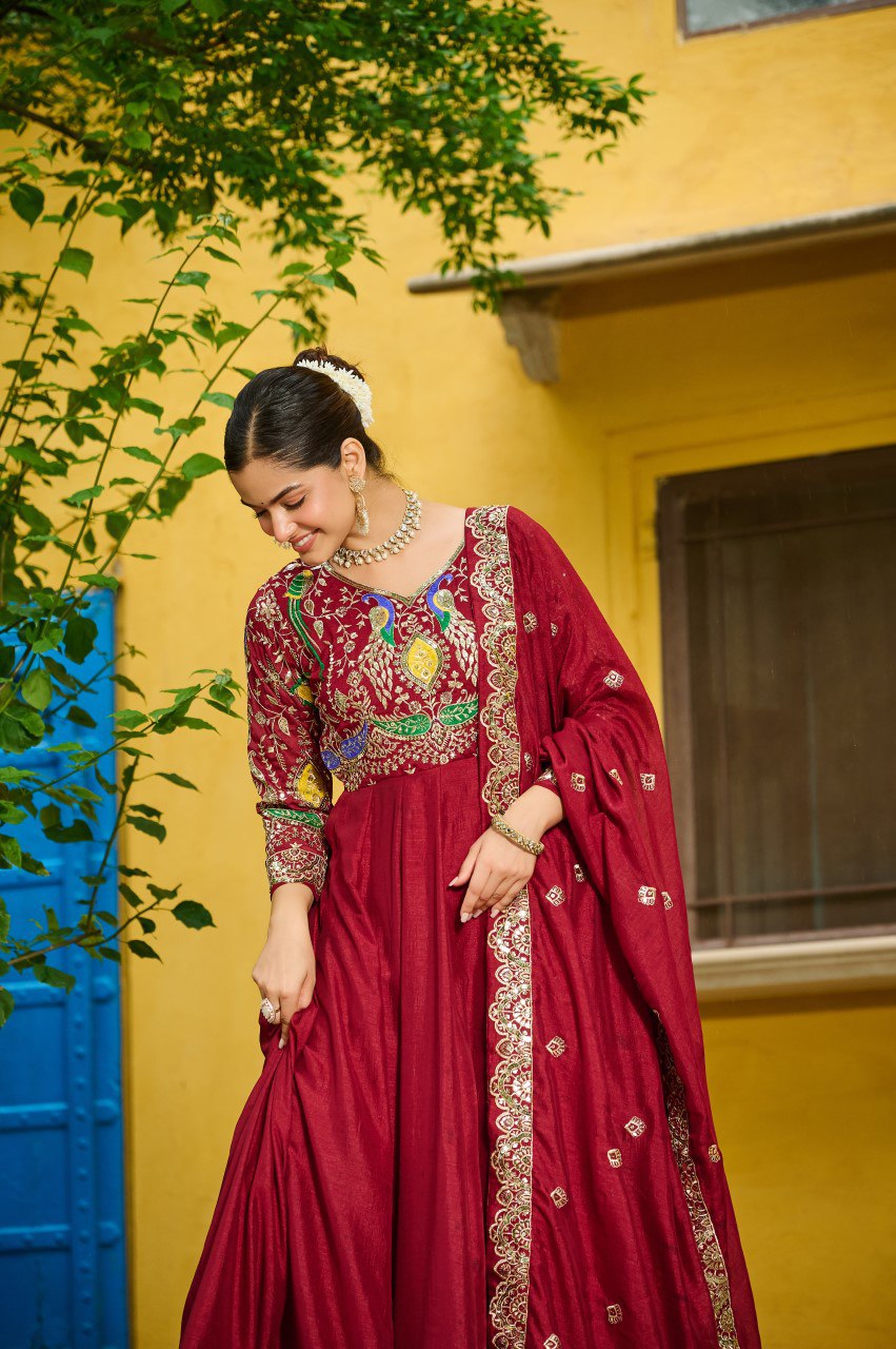 Red Elegant Vichitra Fabric Gown with Multi-Thread & Zari Embroidery – 12 Kali Stitch, Full Sleeves ClothsVilla