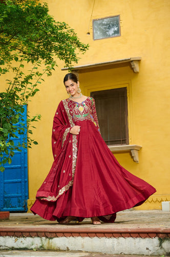 Red Elegant Vichitra Fabric Gown with Multi-Thread & Zari Embroidery – 12 Kali Stitch, Full Sleeves ClothsVilla