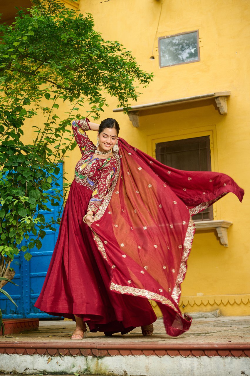 Red Elegant Vichitra Fabric Gown with Multi-Thread & Zari Embroidery – 12 Kali Stitch, Full Sleeves ClothsVilla