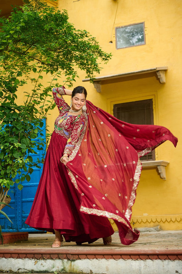 Red Elegant Vichitra Fabric Gown with Multi-Thread & Zari Embroidery – 12 Kali Stitch, Full Sleeves ClothsVilla