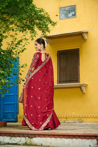 Red Elegant Vichitra Fabric Gown with Multi-Thread & Zari Embroidery – 12 Kali Stitch, Full Sleeves ClothsVilla