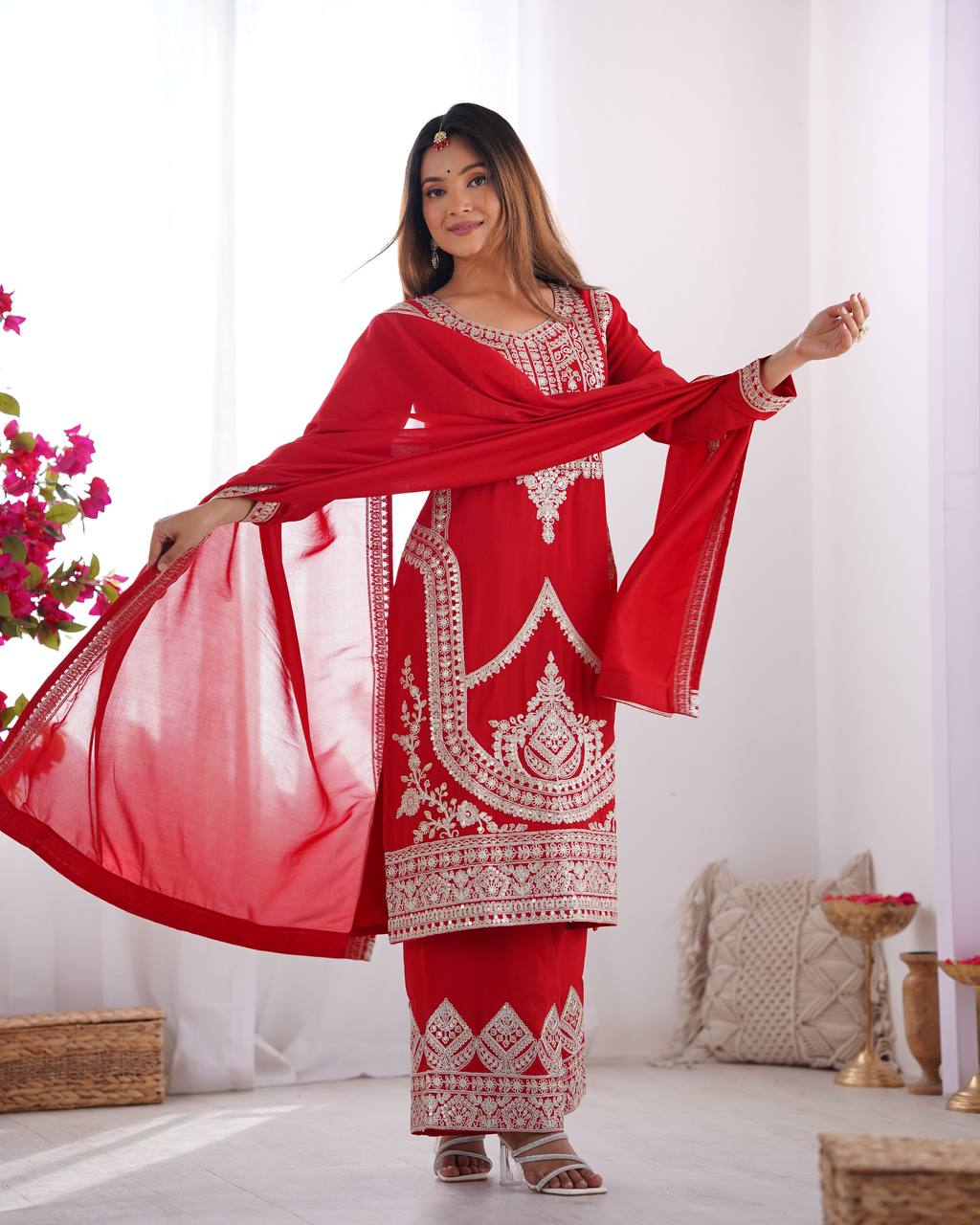 Red Elegant Vichitra Silk Embroidered Kurta Set ClothsVilla
