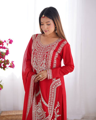 Red Elegant Vichitra Silk Embroidered Kurta Set ClothsVilla