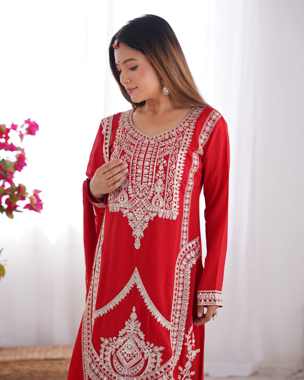 Red Elegant Vichitra Silk Embroidered Kurta Set ClothsVilla