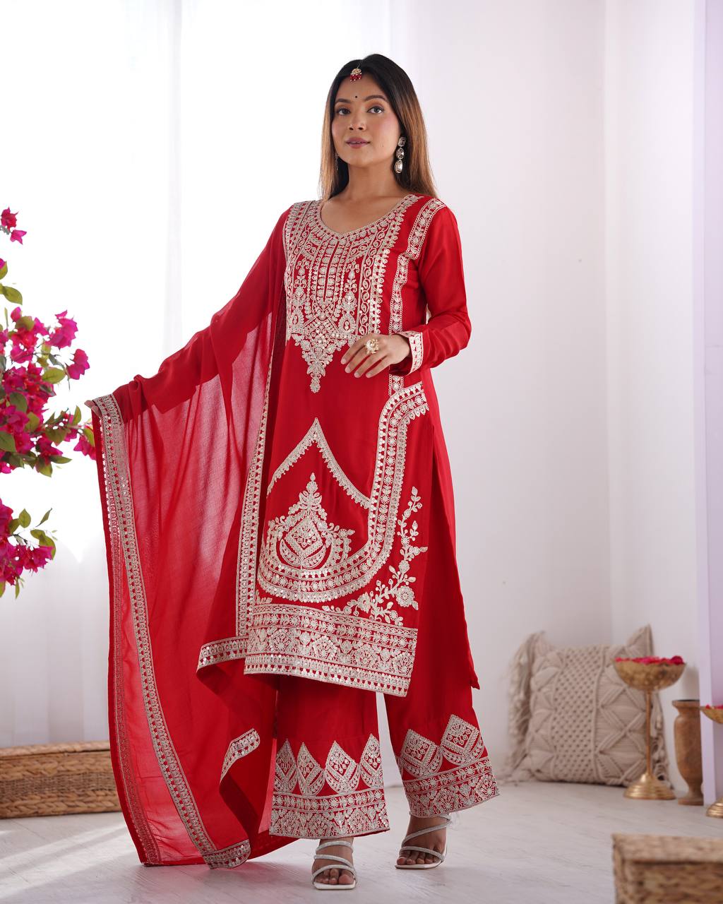 Red Elegant Vichitra Silk Embroidered Kurta Set ClothsVilla